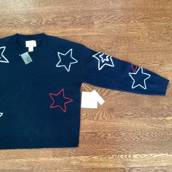 Cynthia Rowley 100% 2-Ply Cashmere Navy Red/White Stars Embroidered Sweater XL - Picture 10 of 14